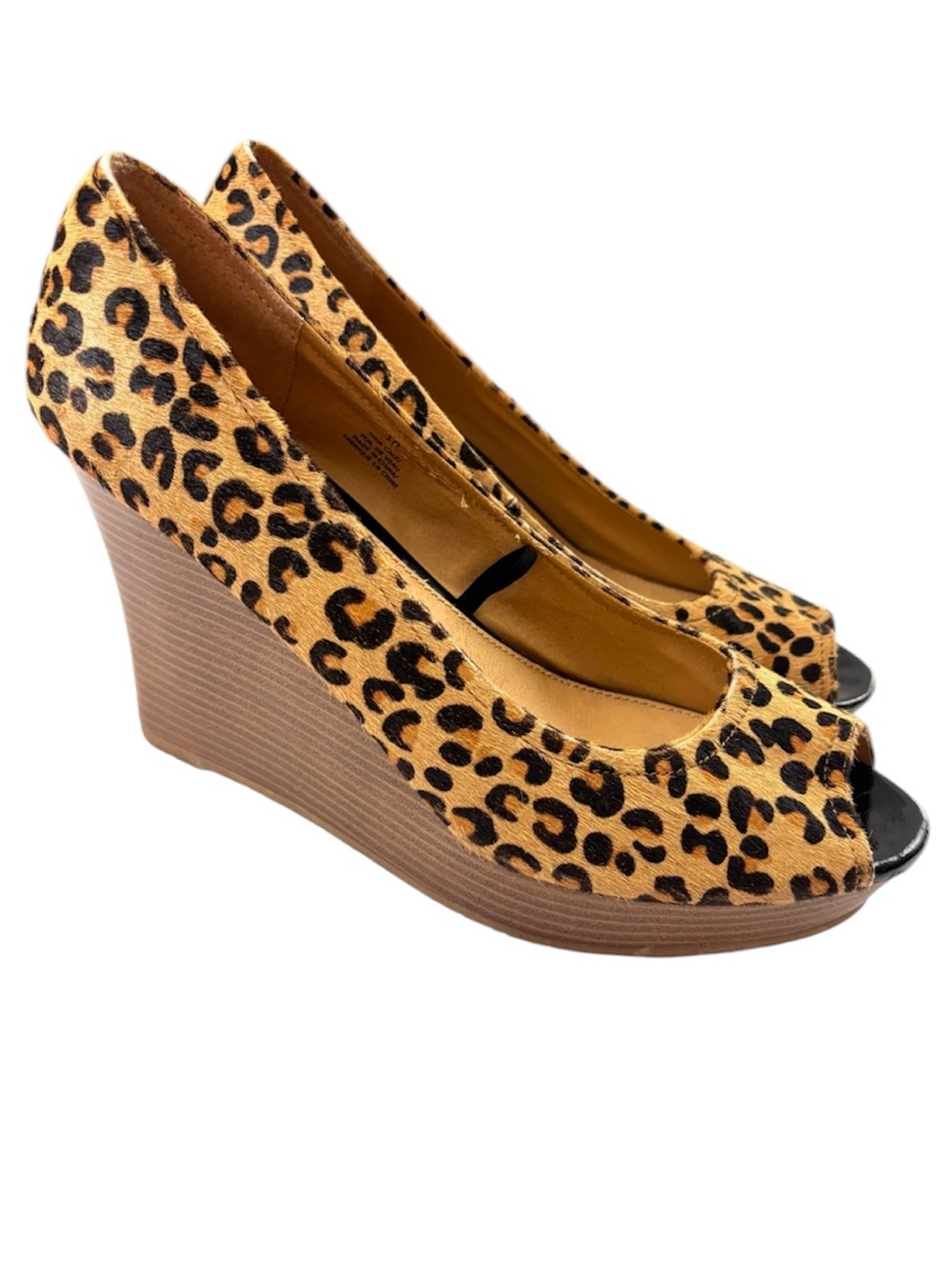 Express‎ Leopard Animal “70’s” Print Hair Calf Peep Toe Wedge Heels (10)